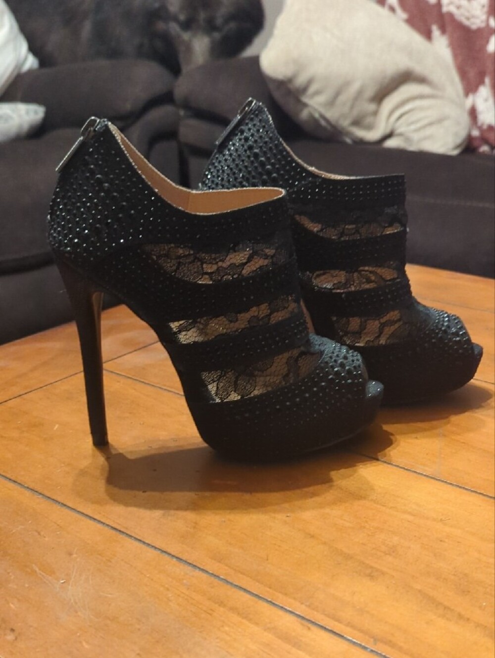 Bella Marie Black Lace Peep-Toe Bootie Heels